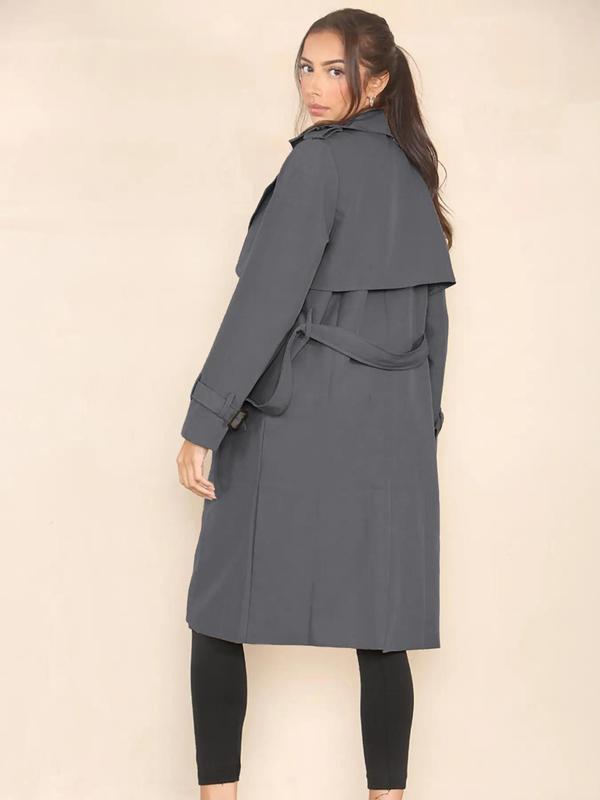 Women's Solid Double Button Belted Trench Coats, Elegant Lapel Neck Long Sleeve Coat for Fall, Winter Wear Casual Wear , Women's Outerwear for Daily Wear