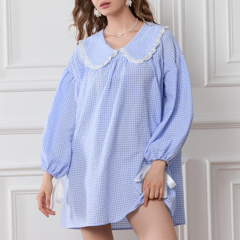 Women Y2K Vintage Plaid Babydoll Dress Long Puff Sleeve Doll Collar Sweet Plaid Dress Gingham Pajamas Dress Loungewear Sleepwear