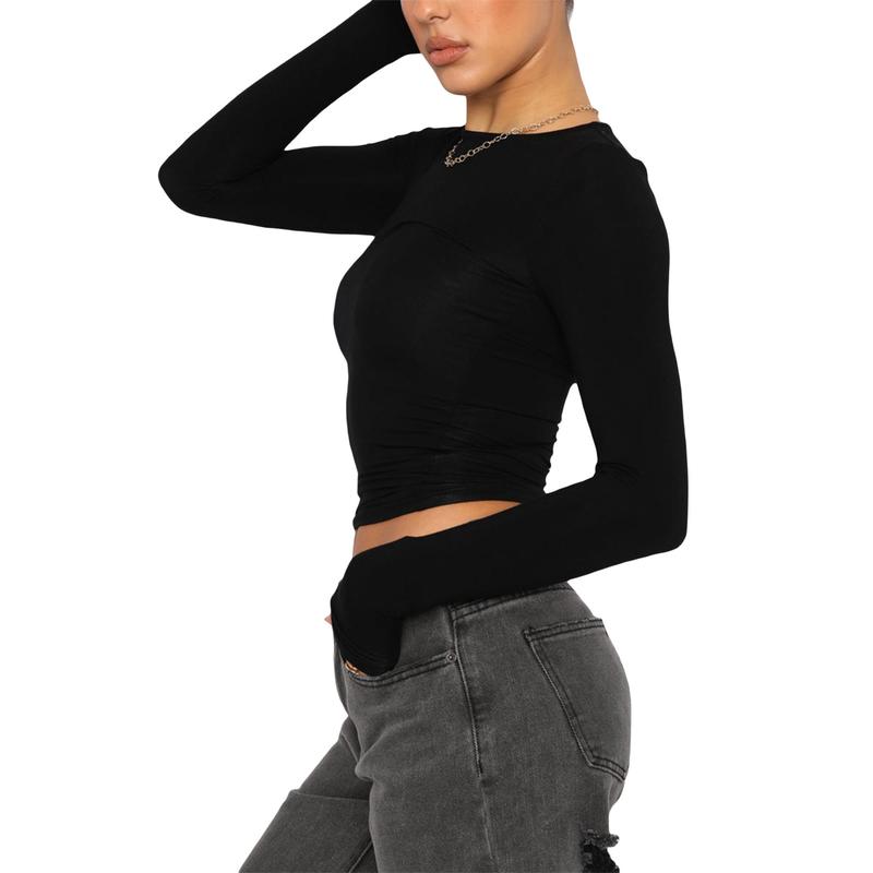 Women´s Autumn Slim Cropped Tops, Solid Color Round-Neck Long Sleeve Show Navel T-Shirt Fashion Womenswear