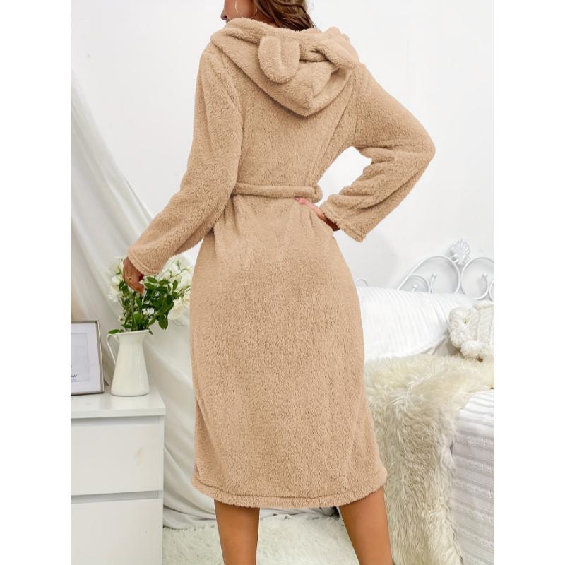 Solid Fuzzy Hooded Night Robe, Cute Long Sleeve Robe With Pockets & Belt, Women's Sleepwear