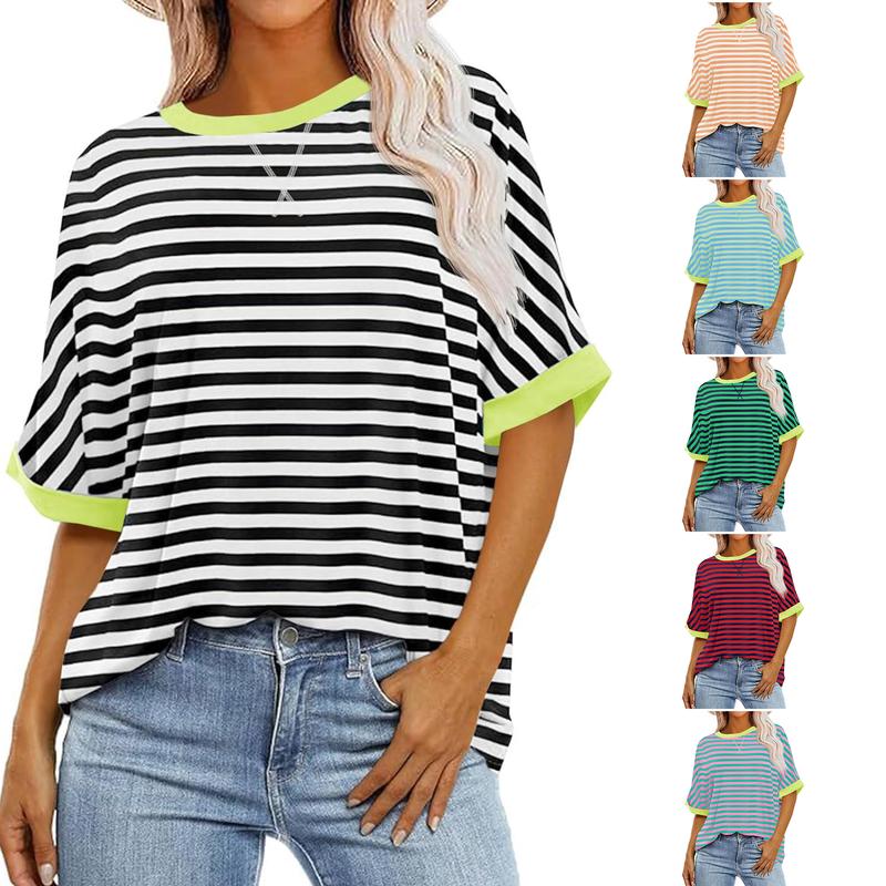  Fisoew Womens Christmas Striped Oversized Sweatshirt Color Block Crew Neck Long Sleeve Shirt Casual Loose Pullover Top Y2K Clothes