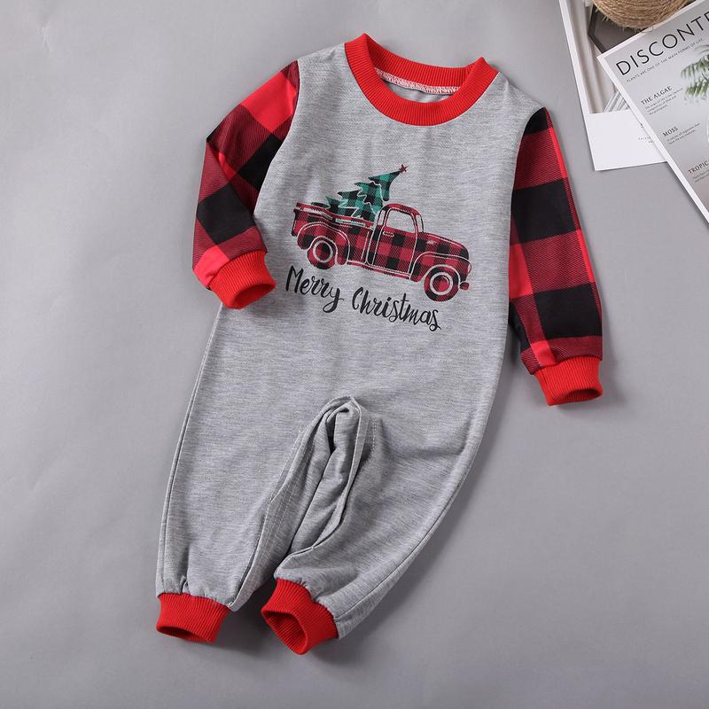 Family Matching Christmas Pajamas Sets, Cartoon Car Tree Letter Plaid Printed Papa Mama Kid Tops Pant Jumpsuit Sleepwear Cotton Womenswear