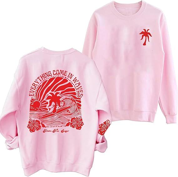 Pink Palm Puff Hoodie, Sweatshirt, Everything Comes In Waves Sweatshirt, Winter Hoodie, Top Trending, Perfect Gift for Women Comfort Cotton