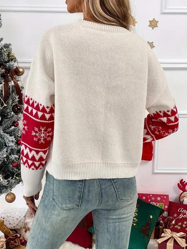 Women's Christmas Themed Jacquard Drop Shoulder Sweater, Casual Long Sleeve Round Neck Jumper Fall Sweaters for Fall & Winter, Ladies' Knitwear for Daily Wear, Fall Clothes 2024