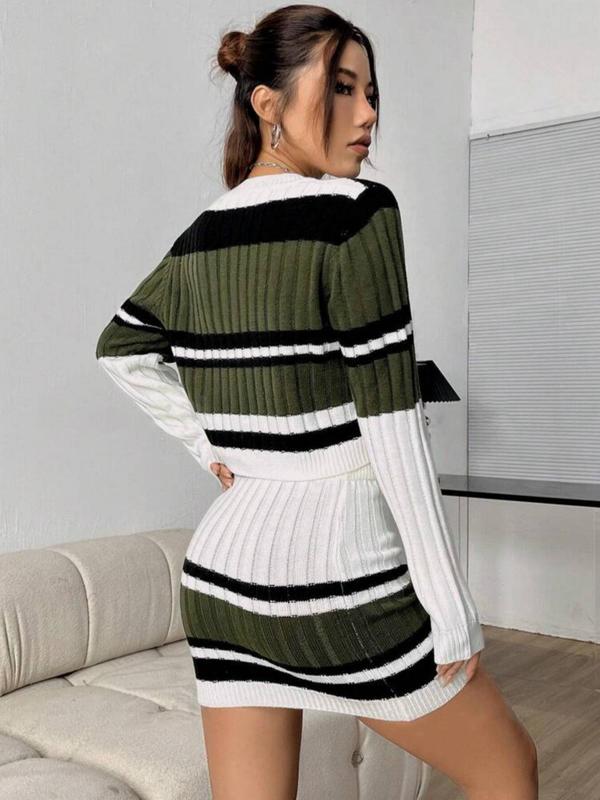 Women's Colorblock Striped Print Crew Neck Sweater & Bodycon Skirt Two-piece Set, Casual Fashion Cozy Knitwear Set for Daily Outdoor Wear, Women Knitwear for Spring & Fall