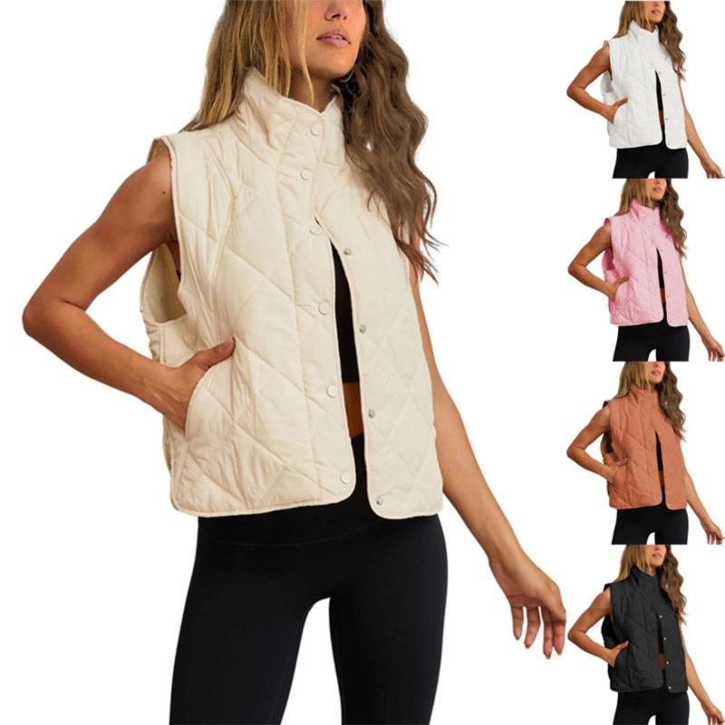 Womens Quilted Vest, Stand Collar Lightweight Button Padded Gilet,Autumn Winter Pocket Waistcoat Sleeveless Vest