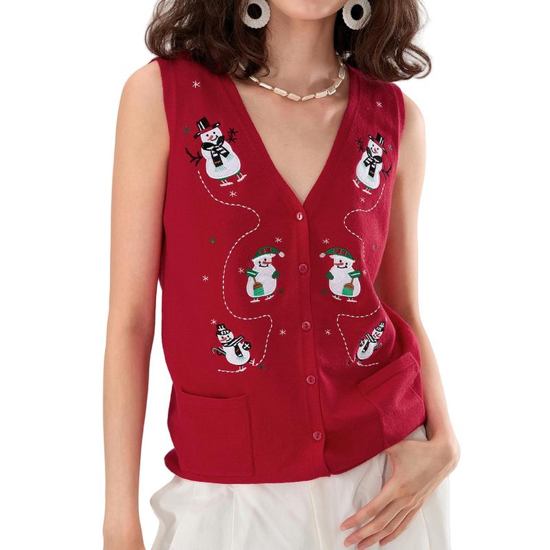 Women Christmas Knit Vest Holiday Graphic Button Sweater Vest Embroidery Santa Print Sleeveless Cardigan Knit V Neck Vest Top Xmas Clothes