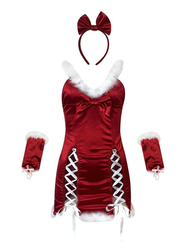 Women's Sexy Santa Claus Costume Set, Cute Bow Decor Lace Up Backless Cami Dress & Headband & Gloves, Women's Lingerie & Underwear for Party Holiday