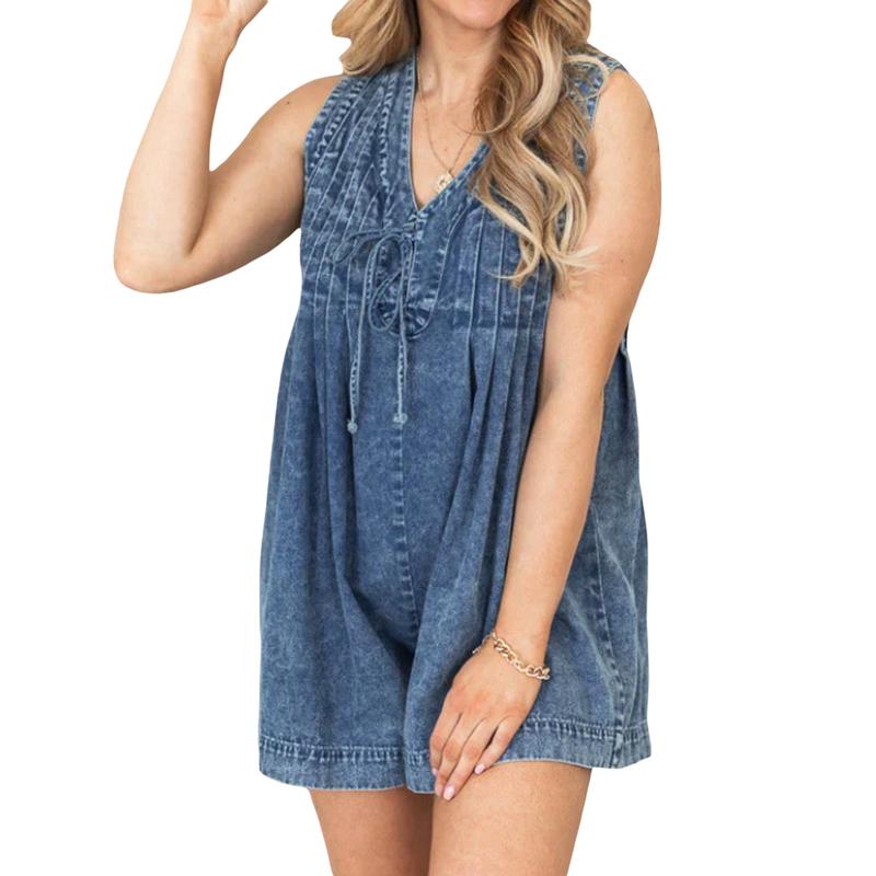 Women Summer Sleeveless Shorts Denim Jumpsuit Loose Tie Up Pleated Romper Casual Deep V Neck  Outfits