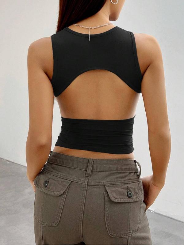 Women's Solid Ruched Backless Crop Tank Top, Casual Sleeveless Round Neck Top for Summer, Back To School Outfits, Ladies Clothes for Daily Wear