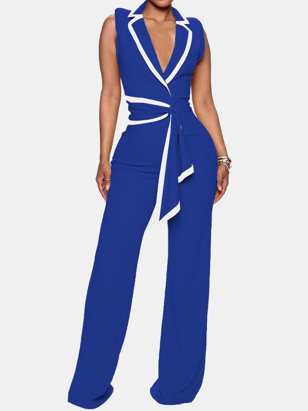 Women's Contrast Binding Sleeveless Jumpsuit, Summer Clothes Women, Lady Elegant Comfort Belted Wrap Overalls, Lady Clothes for Business Office, Womenswear One-Piece Outfits, Minimalist Basic Business Summer Outfits 2024