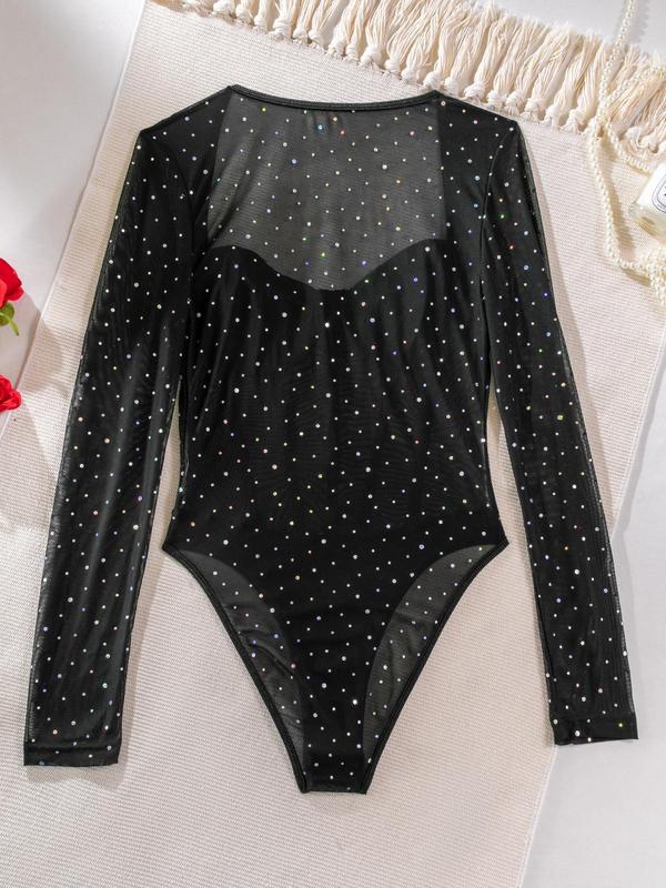 Women's Contrast Mesh Sheer Glitter Sequins Shapewear Bodysuit, Elegant Sweetheart Neck Long Sleeve Open Crotch Bodysuit, Lady's Shapewear