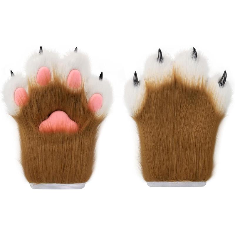 Faux Fur Plush Furry Cat Claw Gloves Fursuit Animal Fox Paws Mittens Halloween Cosplay Costume Accessories for Adult