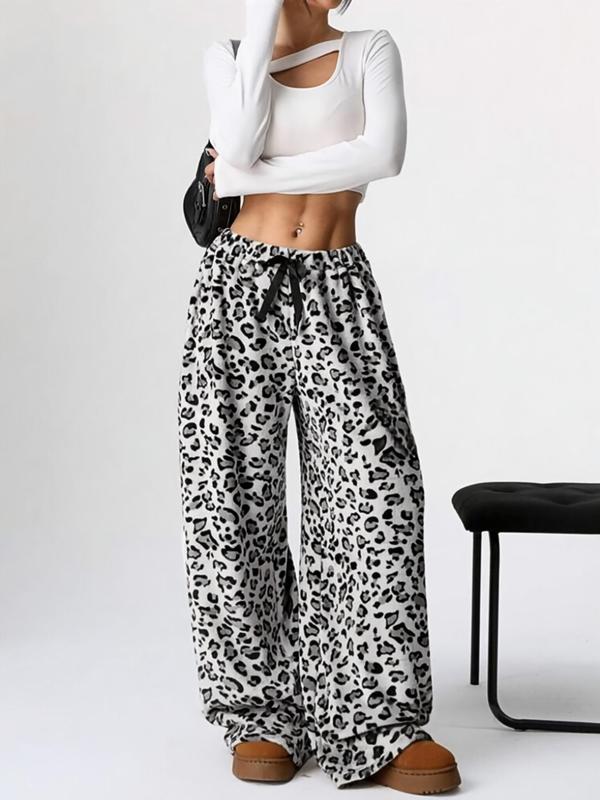 Women's Leopard Print Bow Decor Elastic Waist Wide Leg Pants, Casual Comfy Trousers for Daily Wear, Ladies Bottoms for Fall & Winter