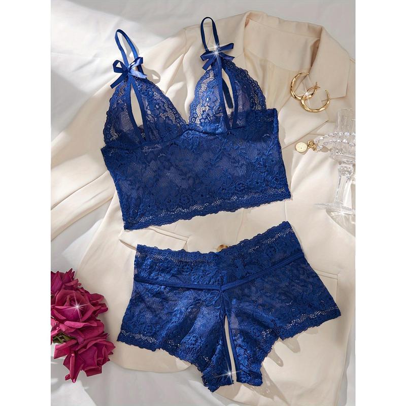 Sexy Floral Lace Lingerie Set, Hollow Out Bow Knot Bra & Open Crotch Boyshort Panties, Women's Sexy Lingerie & Underwear Womenswear Comfort