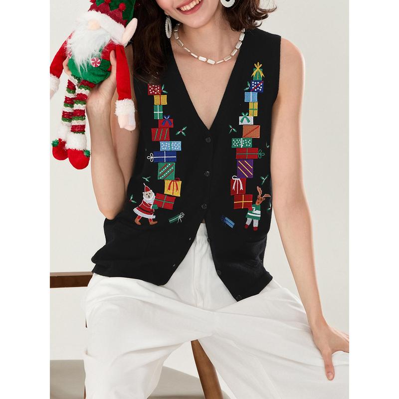 Women Christmas Knit Vest Holiday Graphic Button Sweater Vest Embroidery Santa Print Sleeveless Cardigan Knit V Neck Vest Top Xmas Clothes