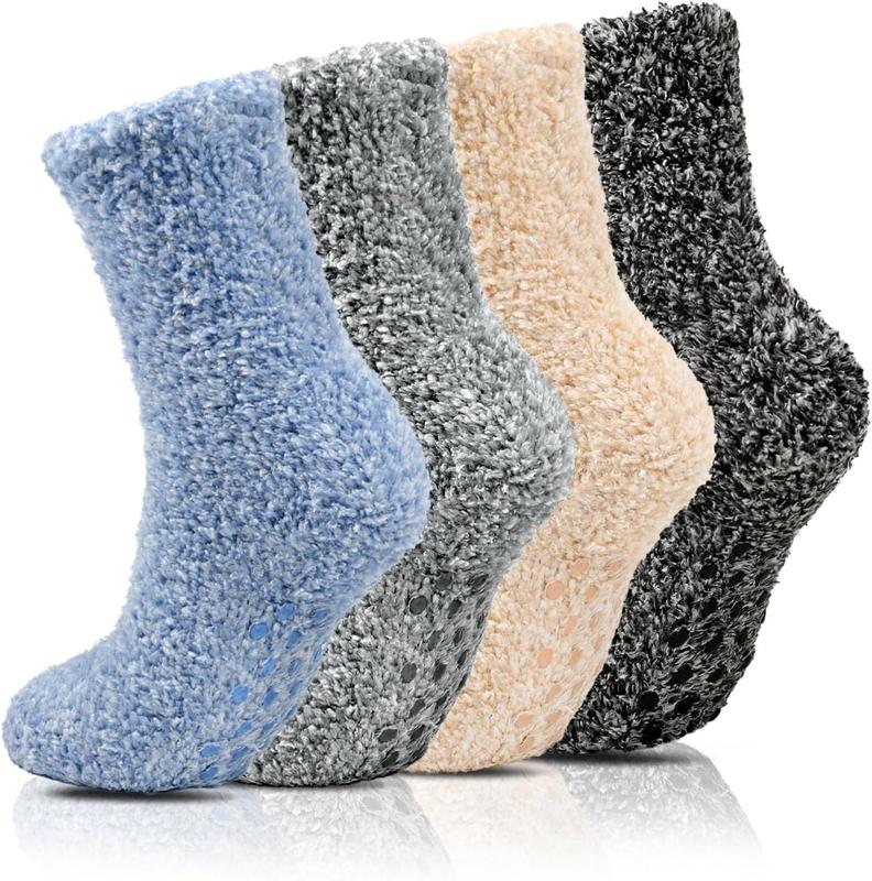 Fuzzy Socks for Women & Men Cozy Fluffy Soft Socks with Grips Non Slip  Crew Socks Warm Winter Slipper Socks 4 Pairs