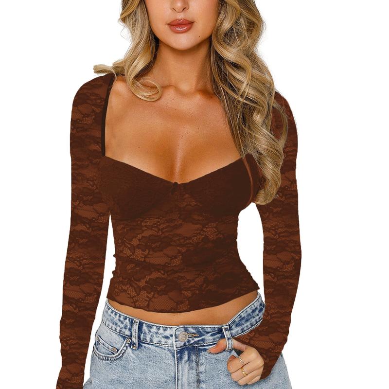 Women Lace Long Sleeve Shirt Top Y2K Slim Fit Crop Top Sexy Lace Low Cut Top Tee Club Streetwear