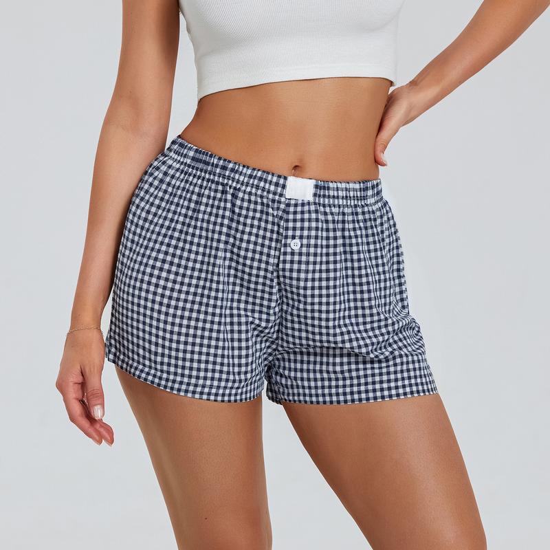 Plaid boxers shorts two-pack Women’s Plaid Print Shorts Elastic Low Waist Button Front Lounge Shorts Boxers Streetwear， Lady Fabric Underwear Womenswear，Back To School Outfits