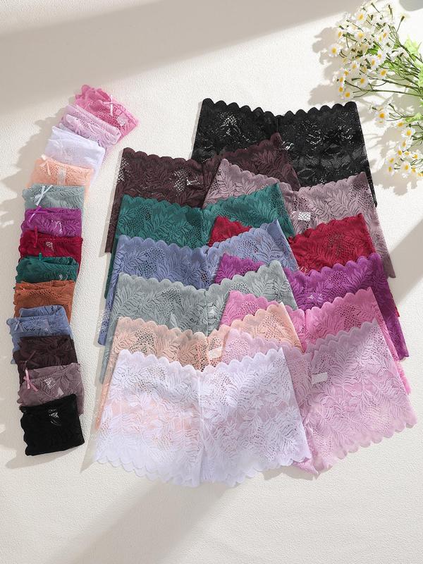 Women's 25pcs Plain Contrast Lace Boyshort, Elegant Bow Decor Scallop Trim Panty for Daily Wear,  Underwear for Women, Panties for Womenladies Underwear for All Seasons