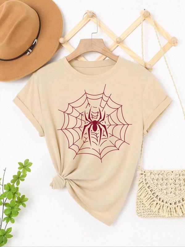 Women's Spider Web Print Round Neck Tee, Casual Short Sleeve Crew Neck T-shirt for Summer, T Shirts for Women, Fashion Women's Top for Daily Wear, Graphic Tees, Tops for Women Birthday Gifts