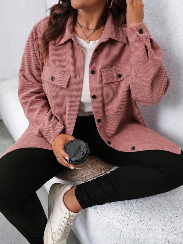 Solid Button Front Pocket Corduroy Jacket, Casual Long Sleeve Collared Outerwear for Fall & Winter, Women's Clothes for Daily Wear