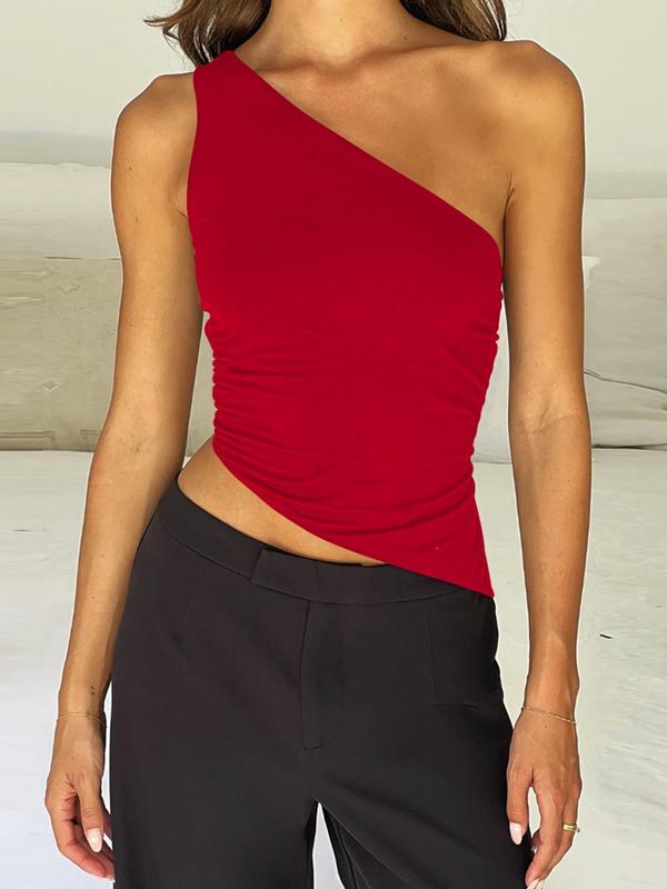 Women's Plain Asymmetrical Hem Ruched One Shoulder Crop Tank Top, Solid Color Tie Back Backless Sleeveless Cropped Top for Summer, Cute Crop Tops, Minimalist Back To School Tank Tops, Summer Tops, Fashion Casual Women's Clothing for Daily Wear