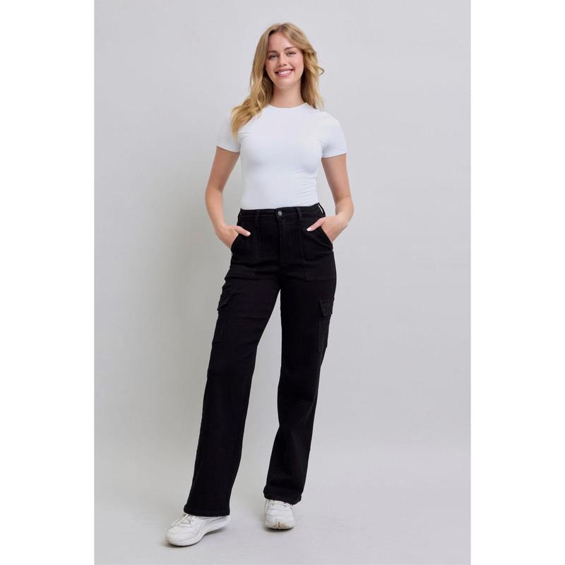 JUDY BLUE HI WAIST BLACK CARGO WIDE LEG JEANS