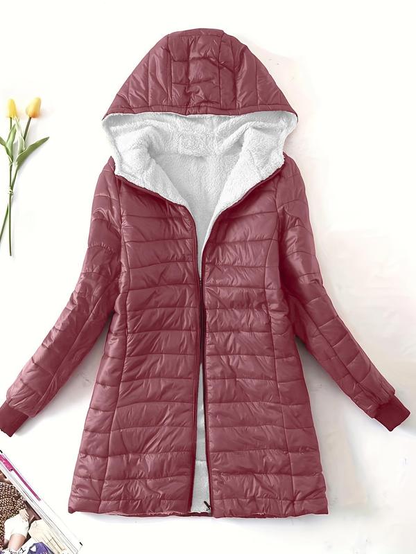 Women's Solid Fuzzy Lined Zip Up Hooded Winter Coats, Casual Long Sleeve Thermal Outerwear for Fall & Winter, Jackets for Women, Women's Clothing for Daily Wear