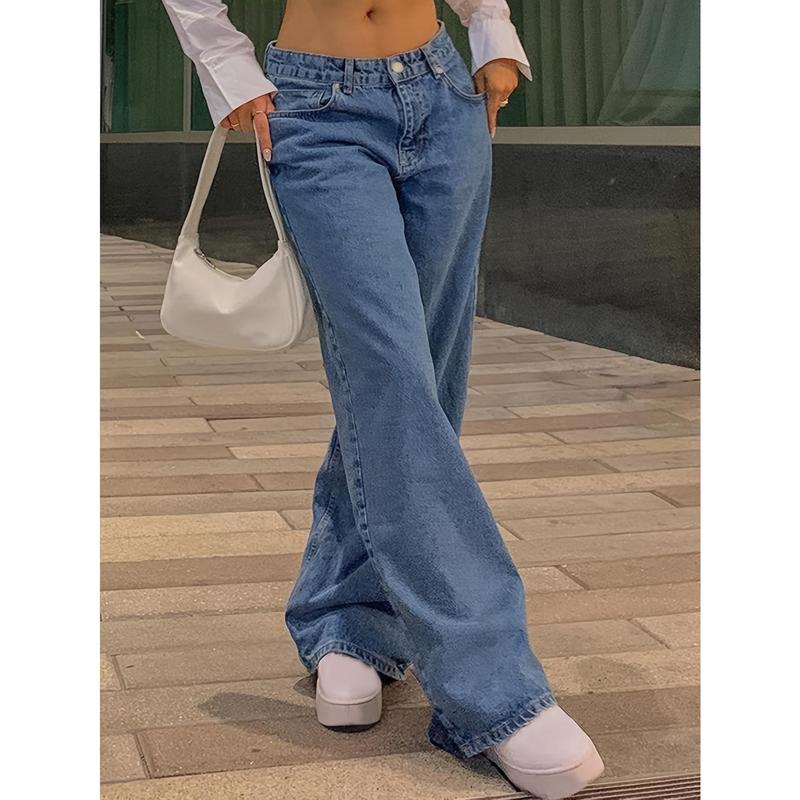 Women's High-Waisted Relaxed Fit Jeans, Straight Leg, Y2K Vintage Style, Blue, Machine Washable, Mom Jeans, 90s Inspired Womenswear Bottom lotus flower