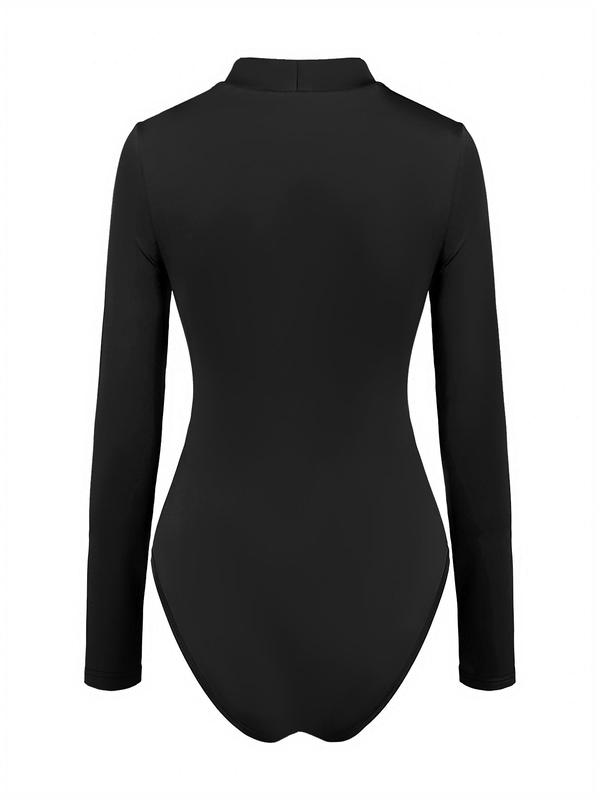 Women's Solid Color Cut Out Stand Collar Bodysuit, Casual Long Sleeve Bodysuit for Summer, Women's Clothing for Daily Wear