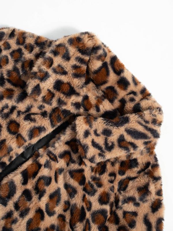 Women's Leopard Print Pocket Open Front Coat, Long Sleeve Collared Outerwear for Fall & Winter, Winter Coat for Women, Women's Clothes for Daily Wear