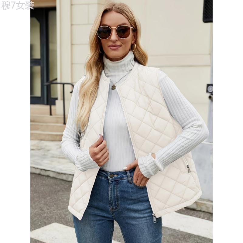 Plus Size Solid Zip Up Warm Vest Jacket, Casual Sleeveless Vest Jacket For Fall & Winter, Women's Plus Size Clothing Collar Womenswear