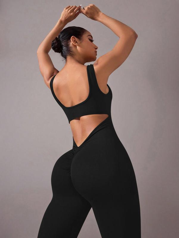 Womens Flare Jumpsuits One Piece Seamless Butt Scrunch Workout Romper Square Neck Backless Wide Leg Unitard