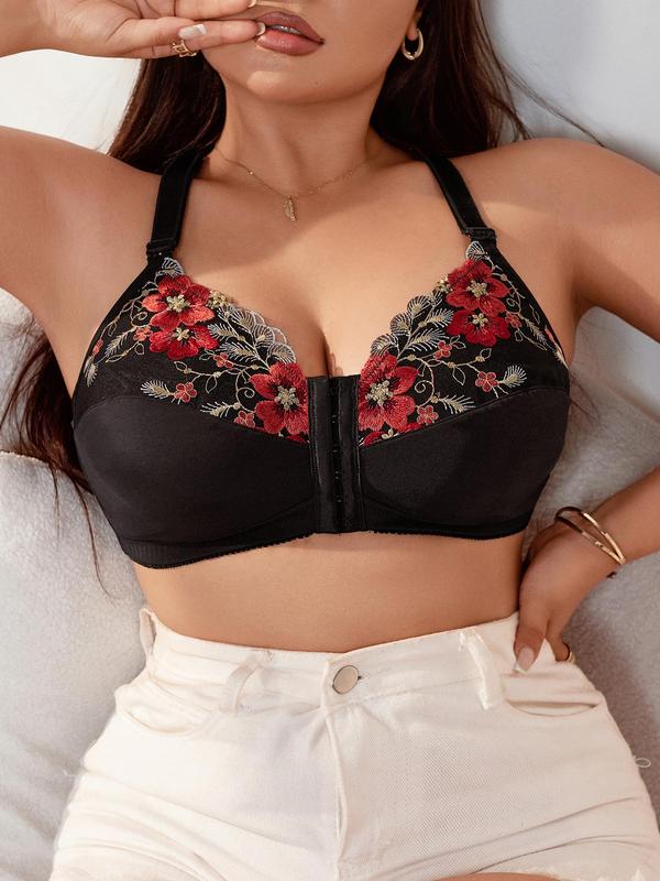  Floral Embroidery Wireless Bra, Casual Comfortable Breathable Sweetheart Neck Hook & Eye Front Bra for Daily Wear, Women's Lingerie for All Seasons