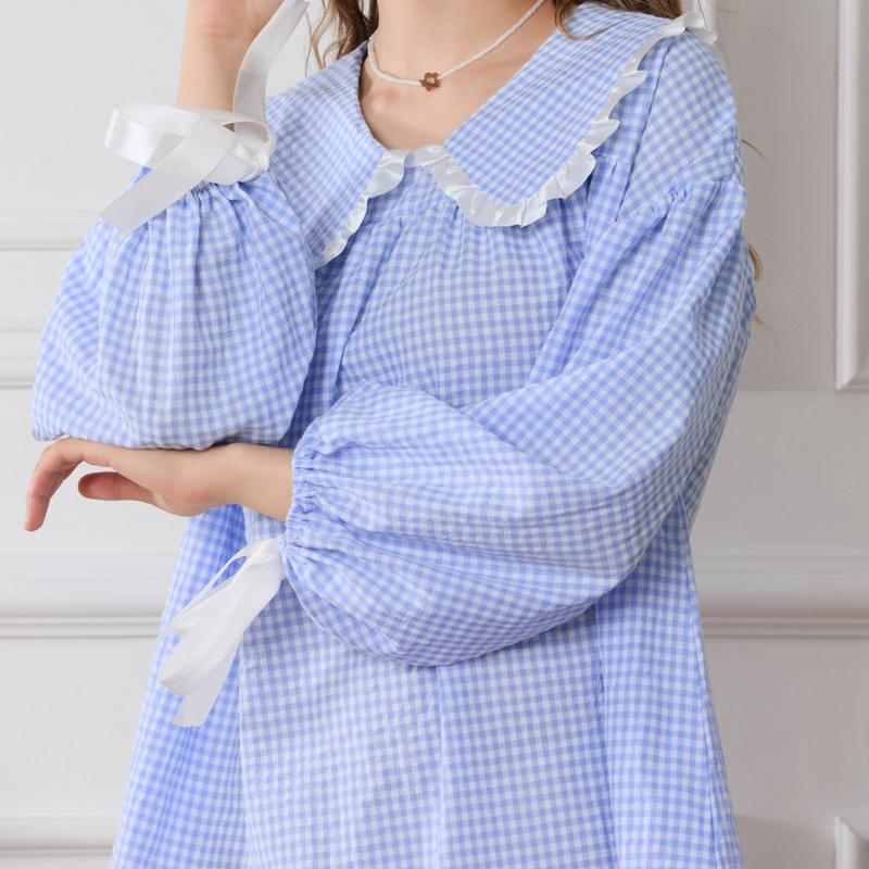 Women Y2K Vintage Plaid Babydoll Dress Long Puff Sleeve Doll Collar Sweet Plaid Dress Gingham Pajamas Dress Loungewear Sleepwear