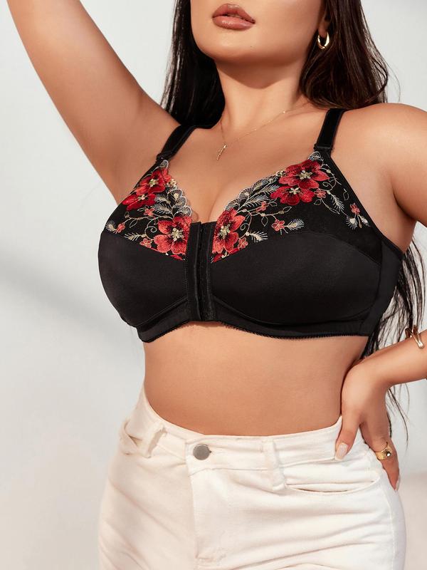  Floral Embroidery Wireless Bra, Casual Comfortable Breathable Sweetheart Neck Hook & Eye Front Bra for Daily Wear, Women's Lingerie for All Seasons