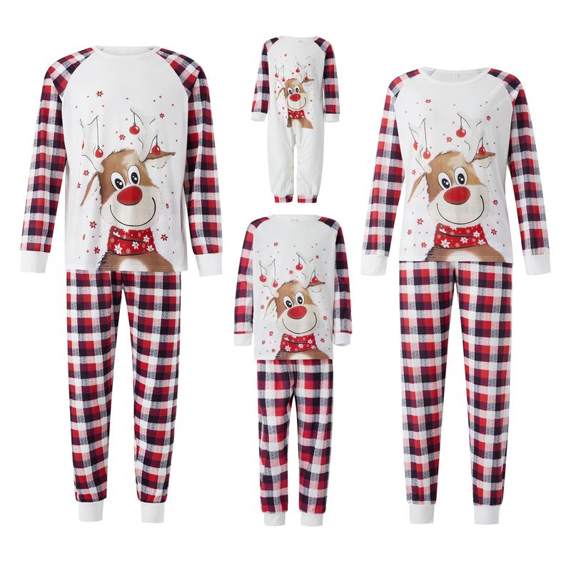 Matching Christmas Pajamas For Family ,Cartoon Elk Plaid Print Holiday Pajamas