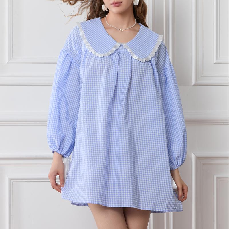 Women Y2K Vintage Plaid Babydoll Dress Long Puff Sleeve Doll Collar Sweet Plaid Dress Gingham Pajamas Dress Loungewear Sleepwear