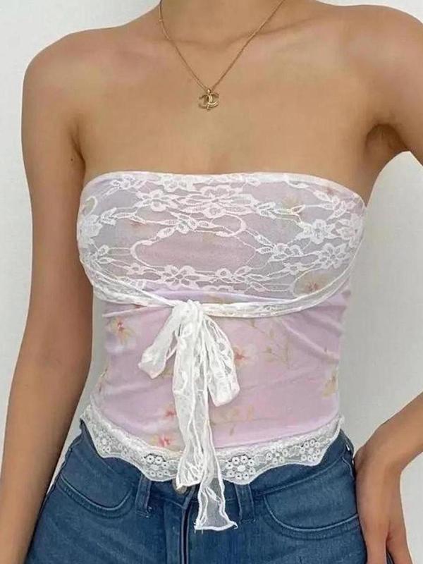 Women's Floral Print Contrast Lace Tie Front Crop Tube Top, Vintage Elegant Scallop Trim Sleeveless Top for Summer, Tube Tops, Women's Clothing for Daily Wear