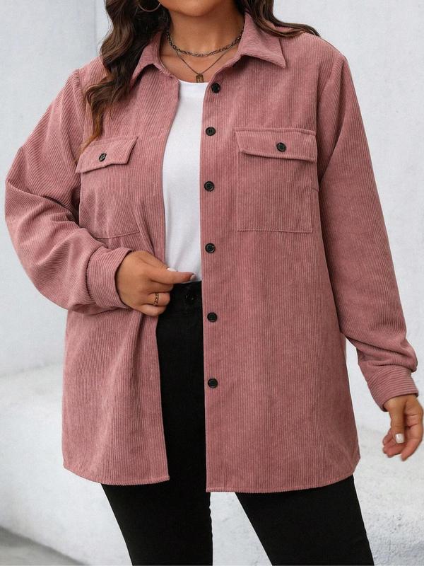 Solid Button Front Pocket Corduroy Jacket, Casual Long Sleeve Collared Outerwear for Fall & Winter, Women's Clothes for Daily Wear