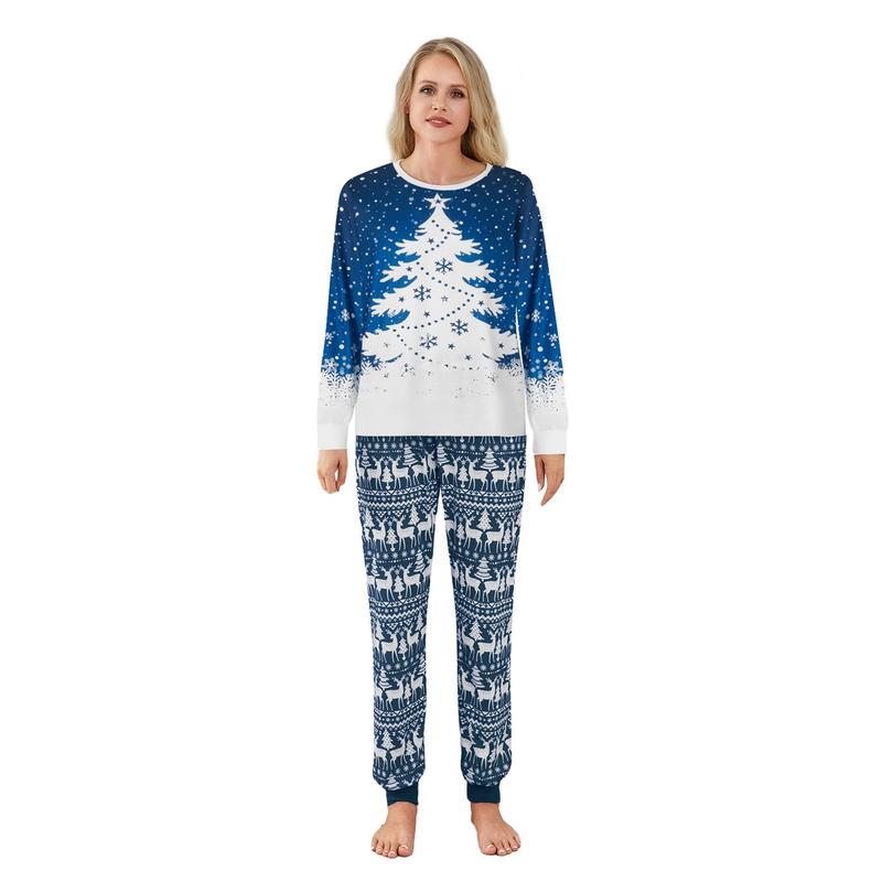 Blue Christmas Pajamas for Family Snowflake Tree Print Long Sleeve Crew Neck Tops + Pants Set Sleepwear