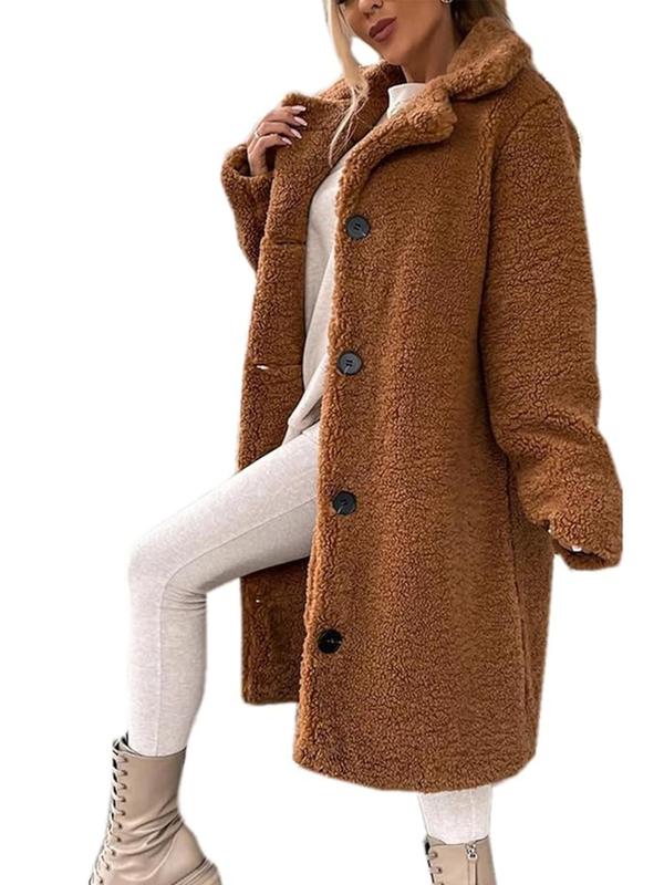 Women's Solid Button Front Fleece Coat, Casual Long Sleeve Lapel Neck Thermal Lined Outerwear for Fall & Winter, Women's Clothing for Daily Wear