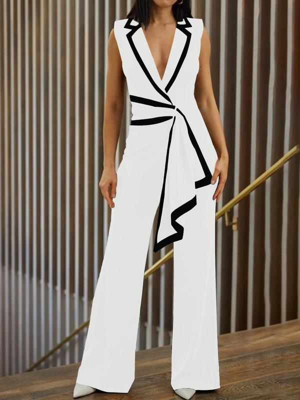 Women's Contrast Binding Sleeveless Jumpsuit, Summer Clothes Women, Lady Elegant Comfort Belted Wrap Overalls, Lady Clothes for Business Office, Womenswear One-Piece Outfits, Minimalist Basic Business Summer Outfits 2024