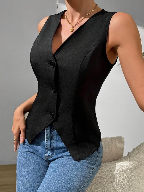 Women's Solid Button Front V Neck Vest Blazer, Casual Asymmetrical Hem Sleeveless Outerwear for Fall & Winter, Ladies Clothes for Daily Wear