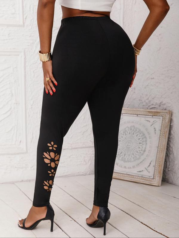 Plus Size Floral Hollow Out High Waist Leggings, Casual Comfy Breathable Skinny Pants for Daily Wear, Women's Bottoms for Spring & Fall