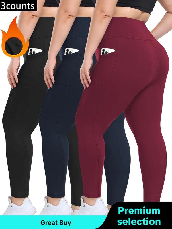  Solid Color High Waist Pocket Leggings, Casual Comfy Warm Skinny Pants for Women, Women's Bottoms for Fall & Winter