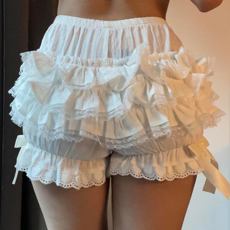 Women Lolita Bloomers Cute Ruffle Lace Trim Pumpkin Pants Sexy Boy Shorts Layered Bottoms Y2k Fairy Sweet Pettipants