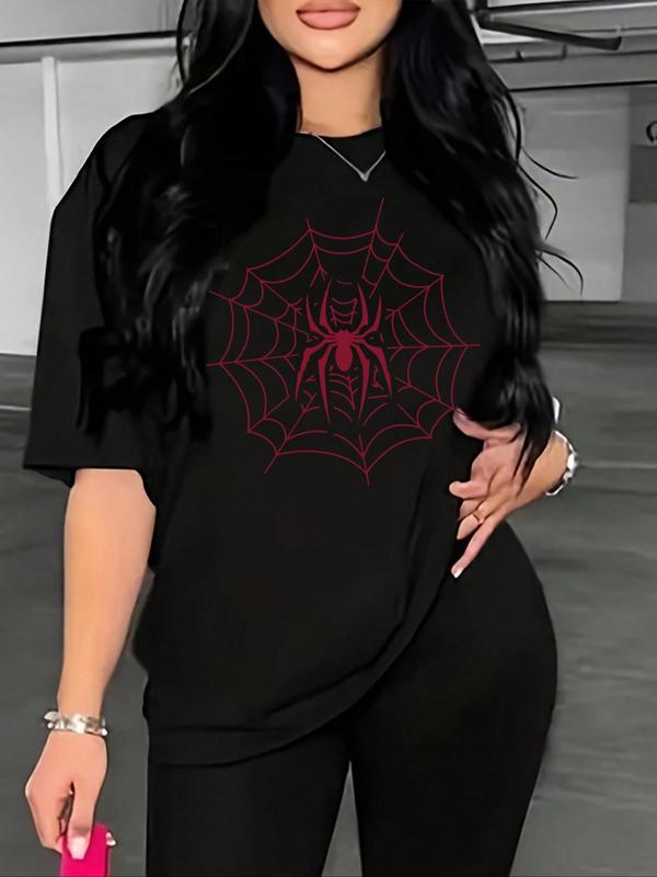 Women's Spider Web Print Round Neck Tee, Casual Short Sleeve Crew Neck T-shirt for Summer, T Shirts for Women, Fashion Women's Top for Daily Wear, Graphic Tees, Tops for Women Birthday Gifts