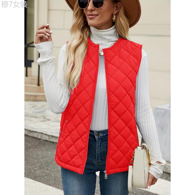 Plus Size Solid Zip Up Warm Vest Jacket, Casual Sleeveless Vest Jacket For Fall & Winter, Women's Plus Size Clothing Collar Womenswear